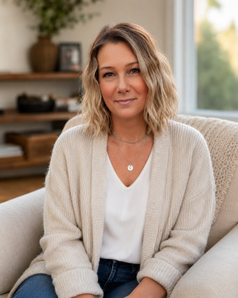 Heather Butler, author of That Side of Heaven, seated in a cozy living room